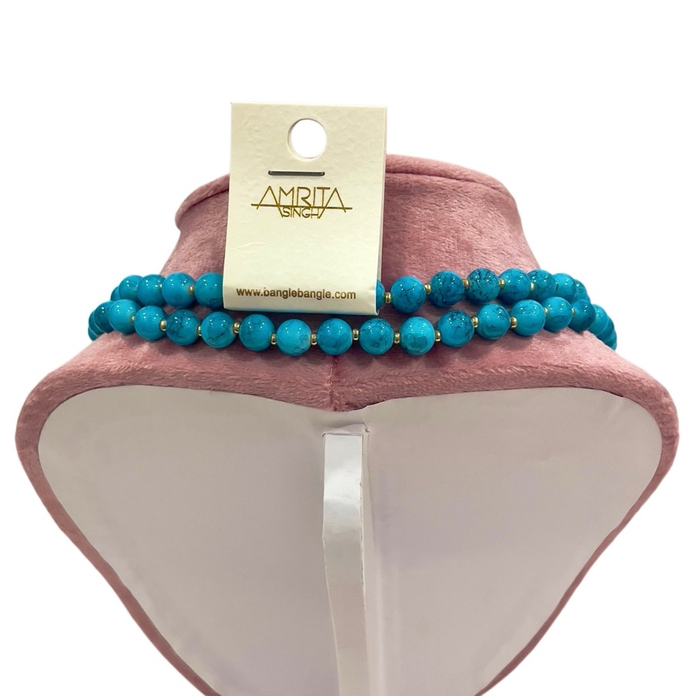 AMRITA SINGH Feroza Glass Beads Faux Turquoise Tassel Long Necklace Gift Box NWT - Picture 4 of 9